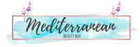 Mediterranean Beauty Box logo. Our logo is made of pastel pink frame, on which there is a blue brush. There are also lavender flowers and the name of the business.