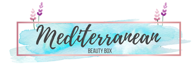Mediterranean Beauty Box logo. Our logo is made of pastel pink frame, on which there is a blue brush. There are also lavender flowers and the name of the business.