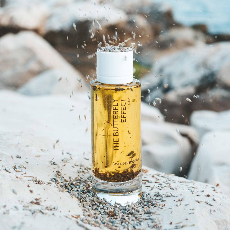 Natural handmade lavender body oil in glass bottle, with dried lavender flowers inside the bottle on rock beside sea. Dried lavender flowers are all over the place.